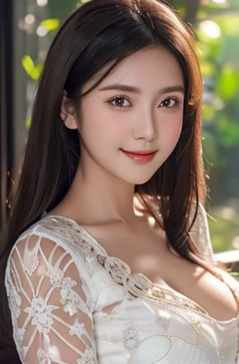 Medium close-up, (white kebaya )、(thin kebaya ),(top-quality,​masterpiece:1.3,超A high resolution,), (ultra-detailliert, table top), (Photorealsitic:1.4,RAW), Cute and lovely Korean girl, realistic, ultra detail, blushy smile, (bulged large breast), (ample cleavage), dark-haired, long messy hair, (depth of fields)、chromatic abberation、Wide range of lighting、Natural Shading、 look at camera、pura besakih background 