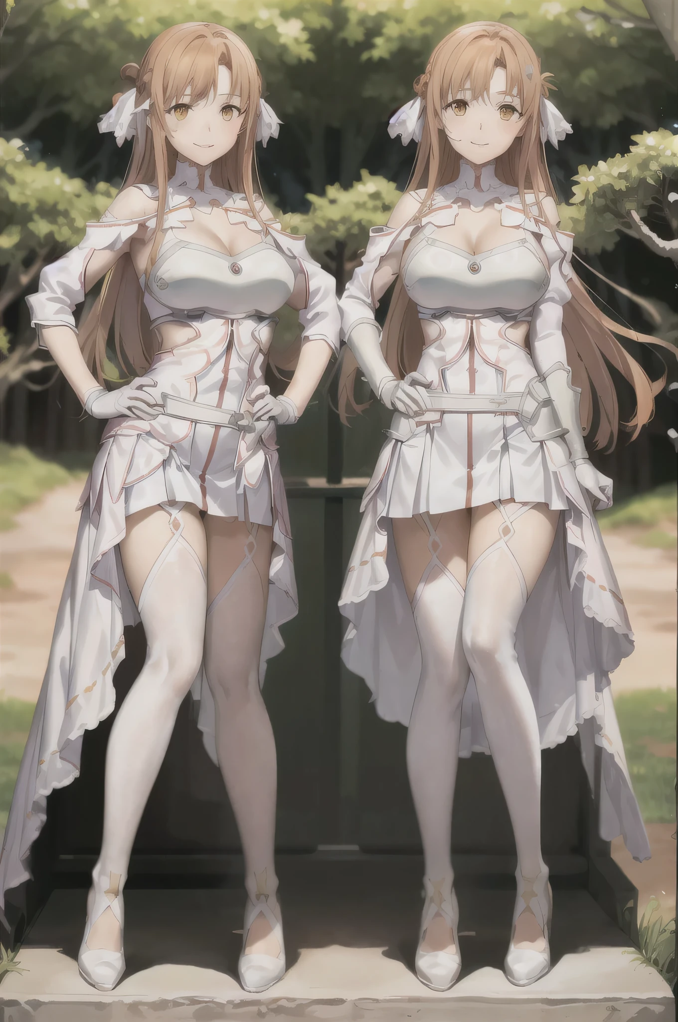 masterpiece, highest quality, Orange Bunny Girl, Asuna, Asuna_\(star\), One girl, (Sexy pose:1.2), Fantasy, High Resolution, original, Genuine, (excitement), landscape, close_superior, superiorper_body, (Sit on the grass superior), smile, alone, (:1.2), Long Hair, (big: 1.3), Watch Viewer, smile, Open your mouth, bangs ,Fine grain, Beautiful background, (forest), Hands on hips, Orange Hair, (Spread your legs:1.3), Thighs, gloves, Bunny Sister, (Cleavage:1.4), Exposing shoulders, Brown eyes, very long hair, Are standing, (full body: 1.5), white gloves, (open the chest:1.5), white Thighs, Garter Straps, Orange stockings and a breeze, Couple