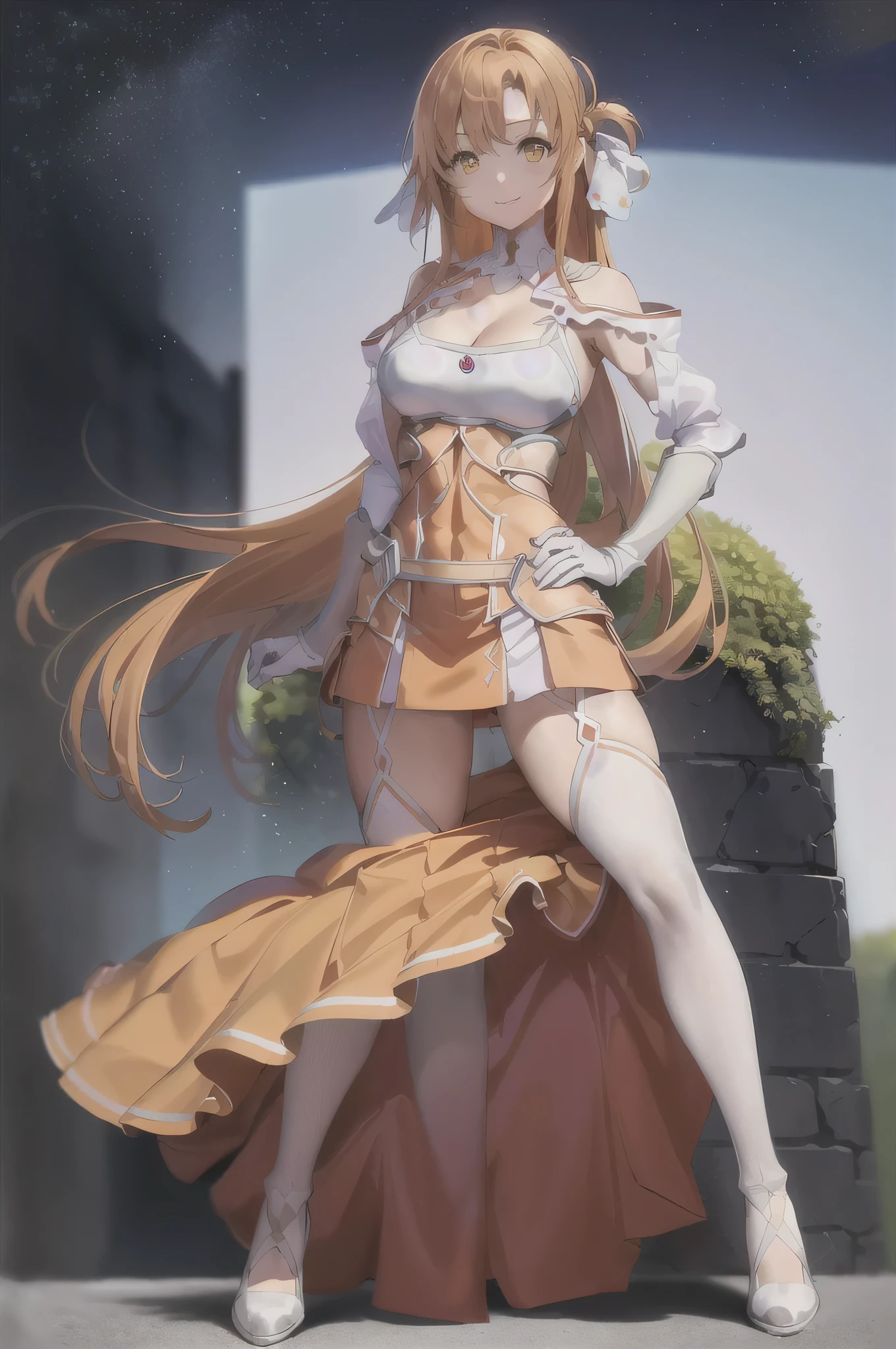 masterpiece, highest quality, Orange Bunny Girl, Asuna, Asuna_\(star\), One girl, (Sexy pose:1.2), Fantasy, High Resolution, original, Genuine, (excitement), landscape, close_superior, superiorper_body, (Sit on the grass superior), smile, alone, (:1.2), Long Hair, (big: 1.3), Watch Viewer, smile, Open your mouth, bangs ,Fine grain, Beautiful background, (forest), Hands on hips, Orange Hair, (Spread your legs:1.3), Thighs, gloves, Bunny Sister, (Cleavage:1.4), Exposing shoulders, Brown eyes, very long hair, Are standing, (full body: 1.5), white gloves, (open the chest:1.5), white Thighs, Garter Straps, Orange stockings and a breeze, Couple