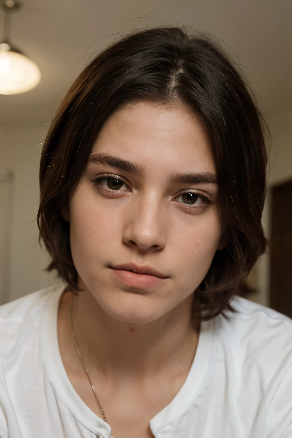 homem, cacheado, aparentado 18 anos, with large and very visible dark circles, moreno, pele branca, usando brinco nas duas olheiras, cabelo grande chegando aos ombros e solto , youthful-looking