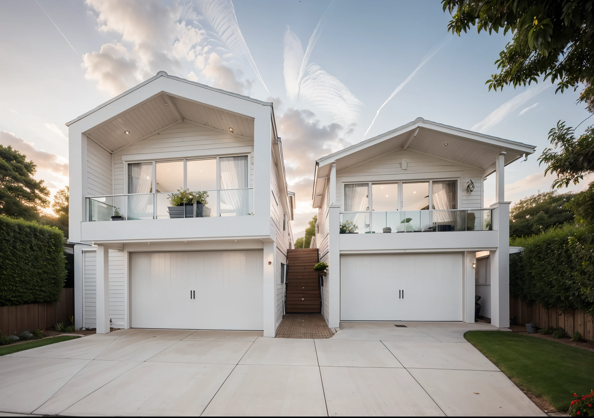 Exterior house, hampton style architecture, white and light timber colour scheme, timber batten garage door, white window frame, plants and trees in background, sunset, masterpiece, high quality, realistic.