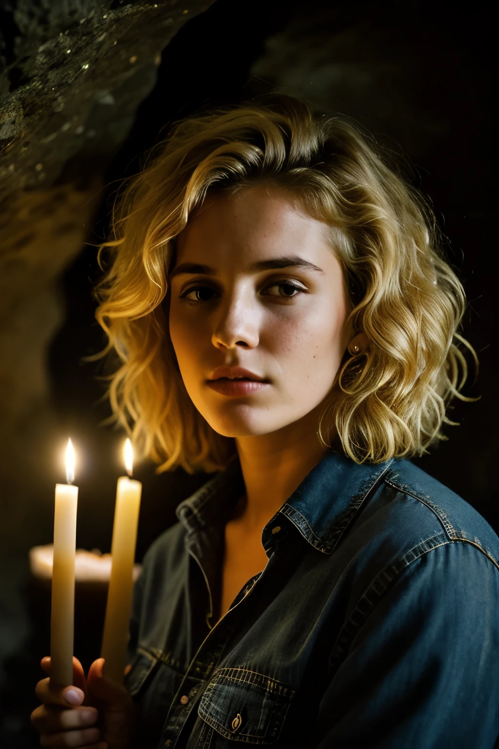 photograph of a woman, (troubled facial expression), textured skin, goosebumps, blonde afro hair, plaid flannel shirt with distressed boyfriend jeans, cowboy shot, dark and mysterious cave with unique rock formations and hidden wonders, perfect eyes, (candlelight,chiaroscuro), Porta 160 color, shot on ARRI ALEXA 65, bokeh, sharp focus on subject, shot by Don McCullin