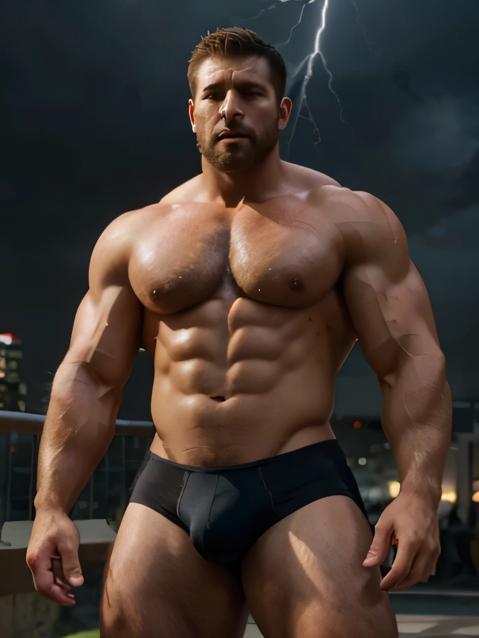 muscular man, hairy muscular man, beard, young, young adult, short hair, Military Haircut, huge, large shoulders, hunk, bara, black hair, black body hair, Chris Redfield, Nathan Drake, huge butt, sweating, bara gay, nsfw, not safe for work, naked, naked hunk, naked beefcake, no clothes, large muscular thighs, big arms, ((light bokeh)), sharp focus, photo by greg rutkowski, soft lighting, (masterpiece), (detailed face), looking at viewer, brown eyes, cowboy shot, action pose, full body portrait, thunder storm, muscular male hero, heroic masculine pose, chris redfield, muscular!, muscular werewolf, muscular character, ripped, underwear, big bulge, male art, strong and imposing, rugged male policeman, gigachad muscular, beefcake pose