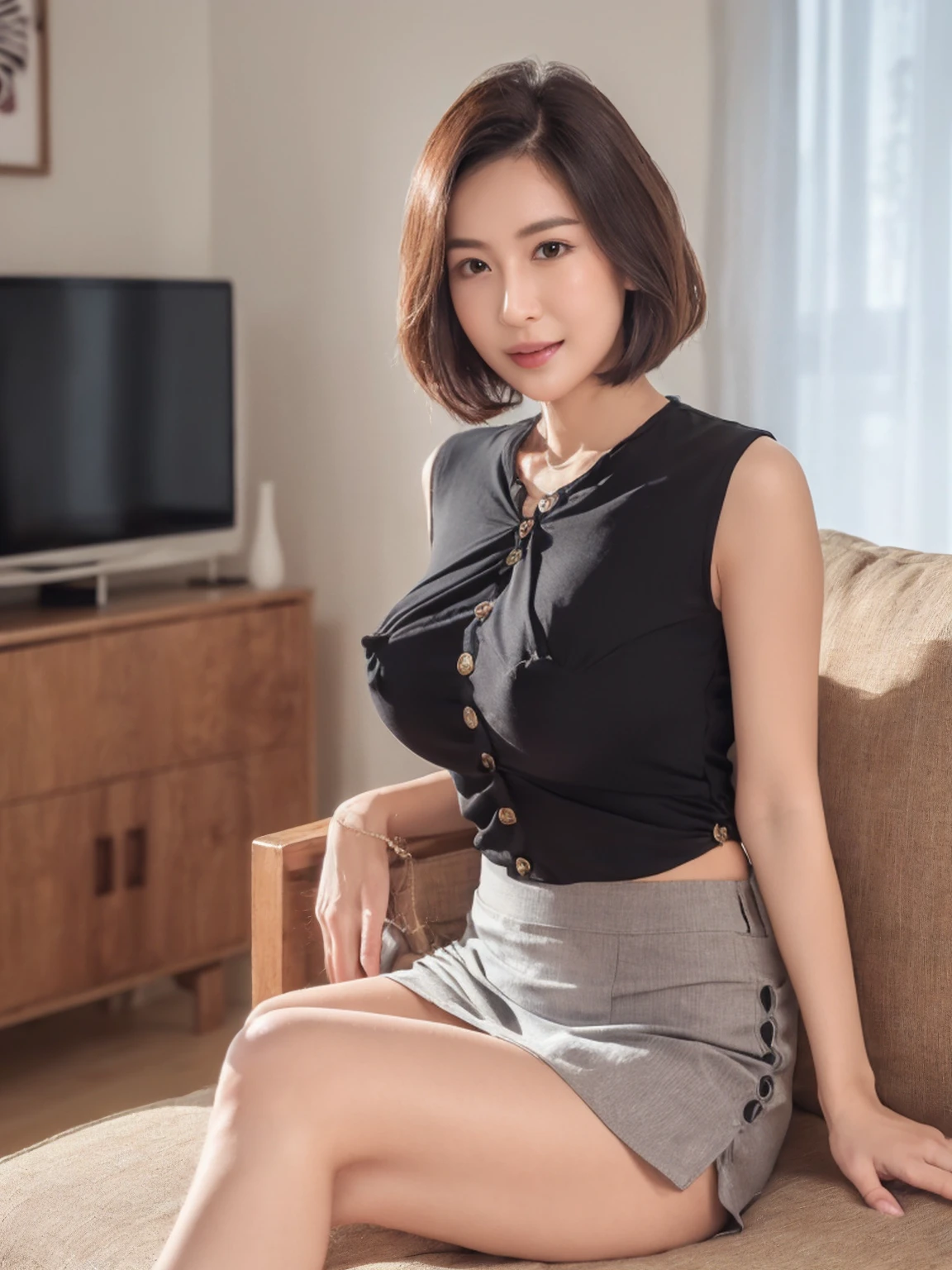 (8K,RAW Photos,highest quality,masterpiece:1.5),(Watching the audience:1.7),(Mature Woman:1.5),smile,(Black Hair),(live-action:1.5),(Realistic expression:1.5),(Big Breasts:1.5),(Narrow waist:1.5),(Thin and beautiful legs:1.5),(Slender:1.4),Showing beautiful teeth,(Two Japanese women are sitting in the living room, chatting and looking at the camera.:1.6),(Close all the buttons on your blouse:1.5),(Nobody Background 1.5),(Less exposure:1.5),(Woman in her 50s:1.5),(Short Hair:1.5),(A little cleavage is visible:1.4),(Sleeveless blouse:1.5),(The shape of her erect nipples can be seen through her blouse:1.6),(Her vagina is visible through the gap in her skirt:1.7),(Legs spread wide to the sides:1.7),(Wrinkles around the eyes:1.5),(A blouse that reveals the shape of your breasts:1.6)