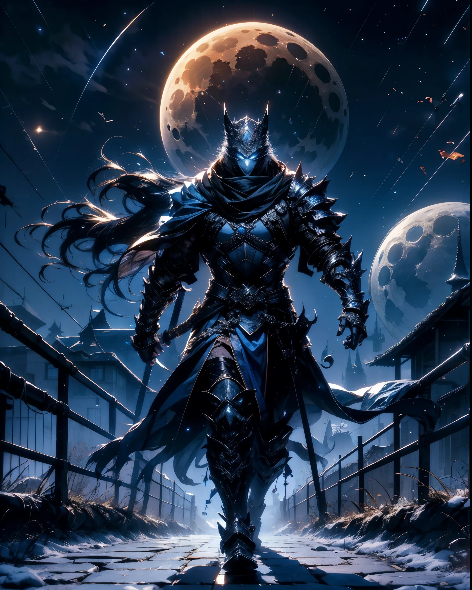 Blue samurai, ghost, walking with a wolfin a haunted village, night sky, full moon, realistic, Full HD, best quality