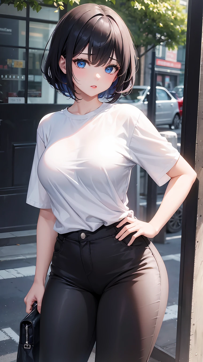 (masterpiece, best quality, Super detailed, best shadow), (Beautiful and delicate face), high contrast, (best lighting, extremely delicate and beautiful), ((film light)), rich and colorful, Ultra-detailed, dramatic light, intricate details, Motoko Kusanagi, Smile, depth of field, white vest, jeans,permanent, night, Tokyo, street, blue neon lights