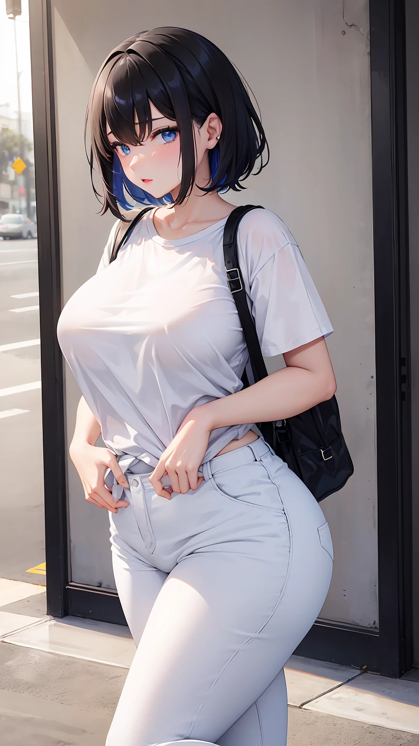 1girl "big breasts" + "large rear" + "wide hips" + " tiny waist" + "plump thighs" + blue eyes color " + "black color Hair" + "ultra short hair" +"Red Lips" + "Lucious Lips"”) outfit: (white baggy t-shirt, baggy black pants