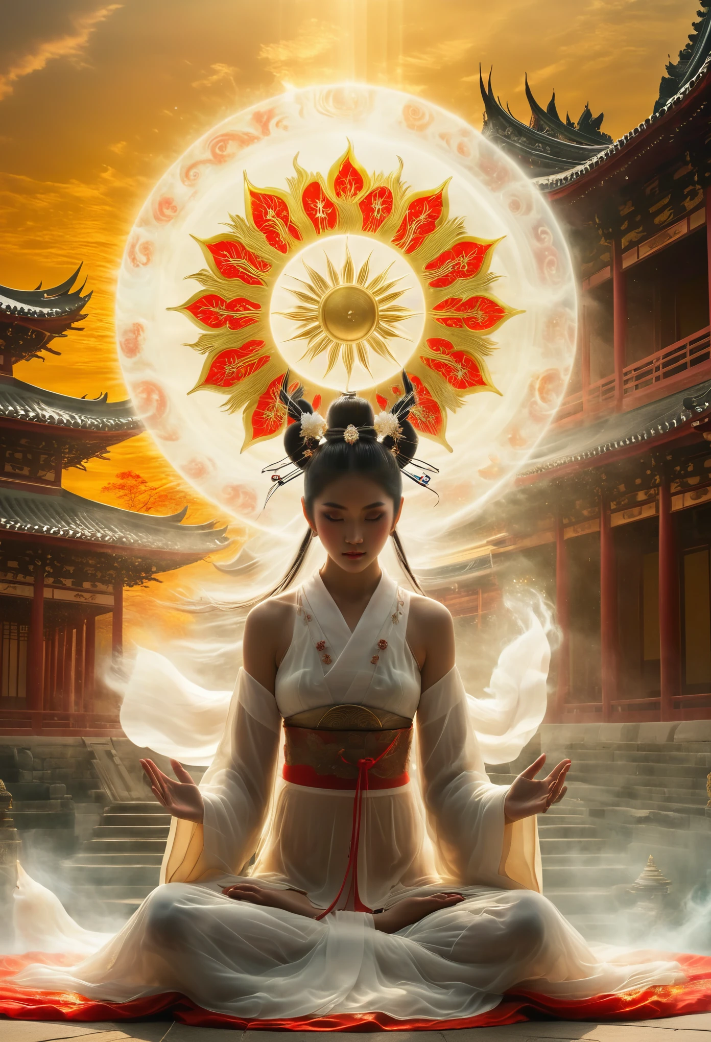  Photography of Amaterasu set against a grand palace backdrop, enveloped in a fantastical and dreamlike ambiance that merges Japanese myth with surreal and ethereal elements. The high-resolution photo captures the divine beauty of Amaterasu, the sun goddess, radiating a celestial glow against the backdrop of the mystical palace. The scene exudes a sense of magic and wonder, transporting viewers into a realm where mythology and imagination intertwine seamlessly, creating a visually captivating fusion of reality and the supernatural,xianxia