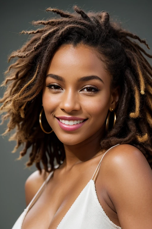 msterpiexe, 1. belle fille. A detailed eye, swollen eyes, Superior quality, High resolution (realism: 1.4), cinema lighting, femme africaine, Super beauty, Belle peau, un mince, corps tourné vers l'avant, (A hyper realistic), (High resolution), (8k), (Very detailed), (beautifully detailed eyes), (ultra-deraillet), (Sourire naturel), detailed face, bright lighting, professional lighting, je regarde la vie, Face droit devant, (le costume est en tricot), Afficher tout le corps, messy hair, cheveux dreadlocks, cheveux bruns, 28 ans, Grand, fille de yoga, le mystique fait
