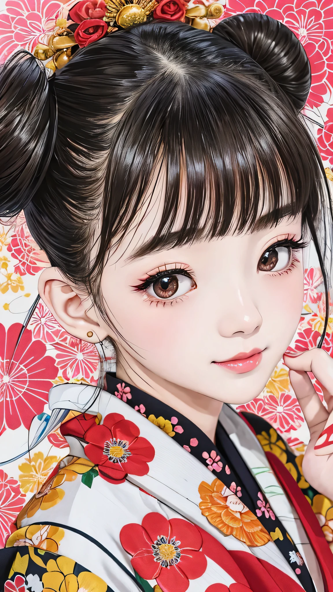 Each has a different expression２People and sisters、(２ girls）、｟Dancing traditional arts with grace)、((Big Breasts、Small Face、Not exposed))、highest quality、masterpiece、（Black Hair、Bun Hair）、Brown Eyes、｟Wide angle、Angle from above the waist、Pause on the magazine cover、Their gazes are different, gazing into the distance｠、(８K high quality、masterpiece、High resolution、Realistic and beautiful light and shadow、(highest quality)、(High Resolution)、(Very delicate and beautiful)、(Beautiful 8k face)、(Smiling and closing your eyes、Beautiful eyes)、(Clear skin)、(Soft hair)、(８Head to Body)、(A Japanese style yukata kimono with red, pink and orange floral patterns on a white background, interspersed with gold powder、Five beautiful Japanese girls wearing yukata)、((Tanabata decoration background))、((Small Face))、(arms up)、Thin and small nose、（Red lipstick）、（Make your cheeks red）、（Glossy skin）、((Ink painting style))、Very thin eyebrows、Overall ultra-high image quality、（She is wearing maiko-style makeup.）、Whitening、Long and beautiful eyelashes、Glowing Skin、（Red cheeks）,Straight nose、masterpiece、highest quality、whole body、 Eyebrows visible through hair、Bun Hair、Grin、Gal、Kogal、Viewer's Eyes、Plaid、Stylish、woman、fine、Pause、
Waiting to start 
