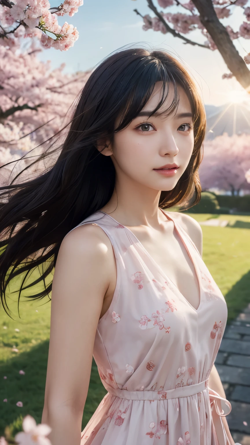 (A logo、masterpiece、8K、masutepiece、Raw photo、Fantastic、Best Quality、Photorealistic、extremely detailed CG unified 8k wallpaper、hightquality、ighly detailed、epic poem、Particle effect、Dynamic effects、depth of fields、Cinematic Light、Lens Flare、Ray tracing)、Fantasia、 (Beauty 1 person、White Japanese Clothing、Japanese dress、White cherry blossom pattern、White cherry blossom embroidery pattern、A dark-haired、Beautiful face、Real Face、Beautiful detail eyes、Beautiful skin)、Hair flutters in the wind、Hair jumps、Pink cherry blossom tree、Petals flutter、Sakura blizzard、Superb view、morning glow、Sun in the background、the wind、Deities、tusk、myth、Vast Land、