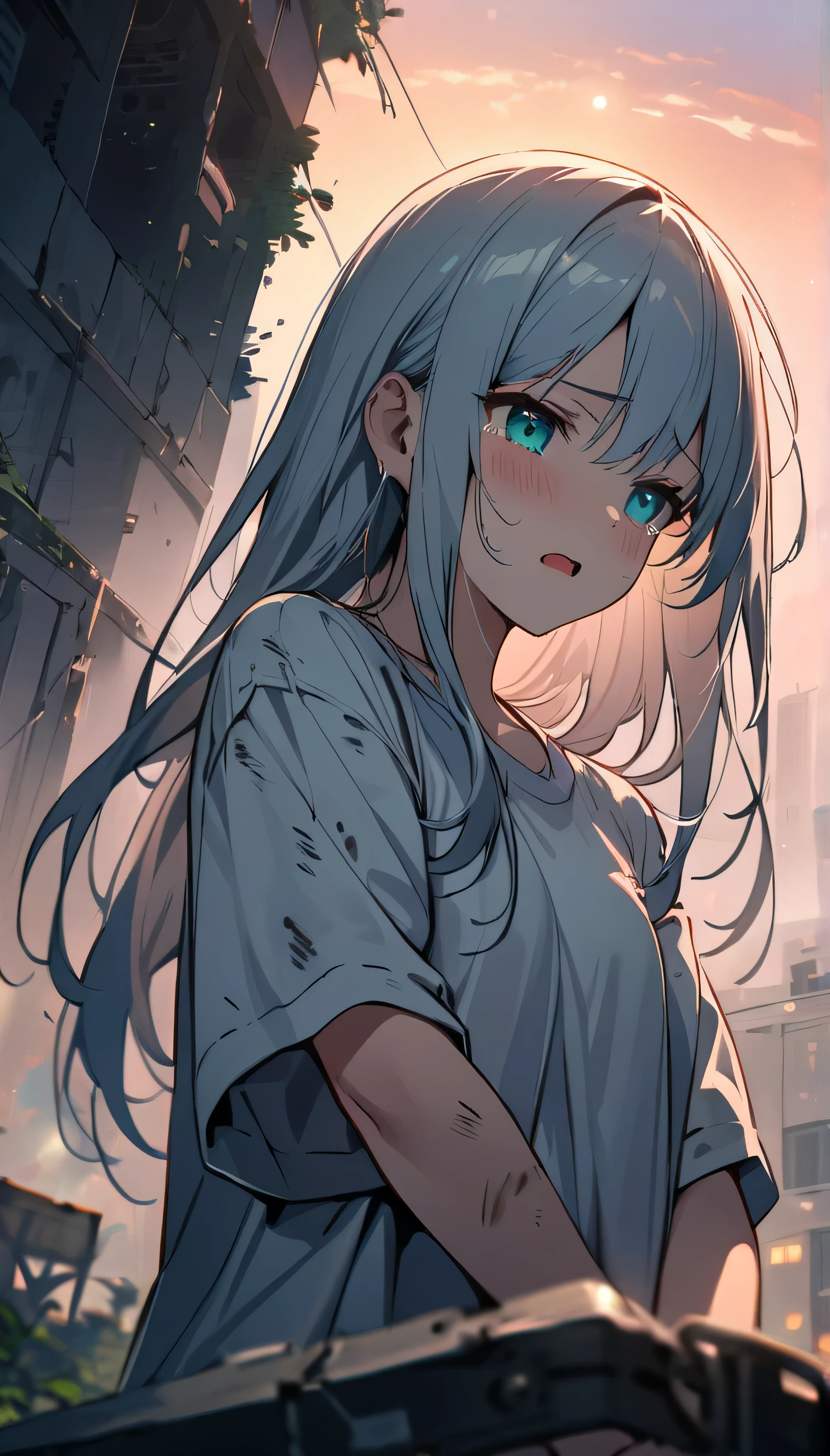 Resolution full, best quality, masterpiece, full HD, beautifull girl, foggy theme, super detailed, 1girl, cute girl, long hair, white light  hair, detailed beautiful aqua eyes, tears. Depression Cry. Open mouth. Dirty shirt. Dirty and bound face. white T - shirt oversized, holding glowing katana. from below, in ruins, overgrown. Day sky, gradient sky, sunset.  bokeh. Depth of field. Sad moment