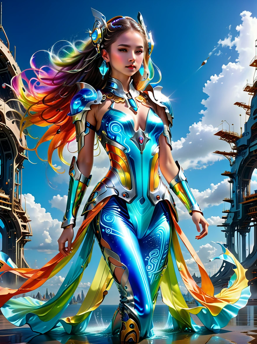 Dress Up,Future world super technology science fiction clothes,Photo of a girl wearing a colorful fantasy tech armor suit,In a flowing surrealist style,shining,smooth,Accurate and realistic,Hard surface modeling,Precisionism,Light silver and sky blue,project,construction and design,Luminous headphones, Glowing Hair Accessories,Long hair,Luminous earrings,glow necklace,Cyberpunk,Transparent clothes,Rainbow Colors