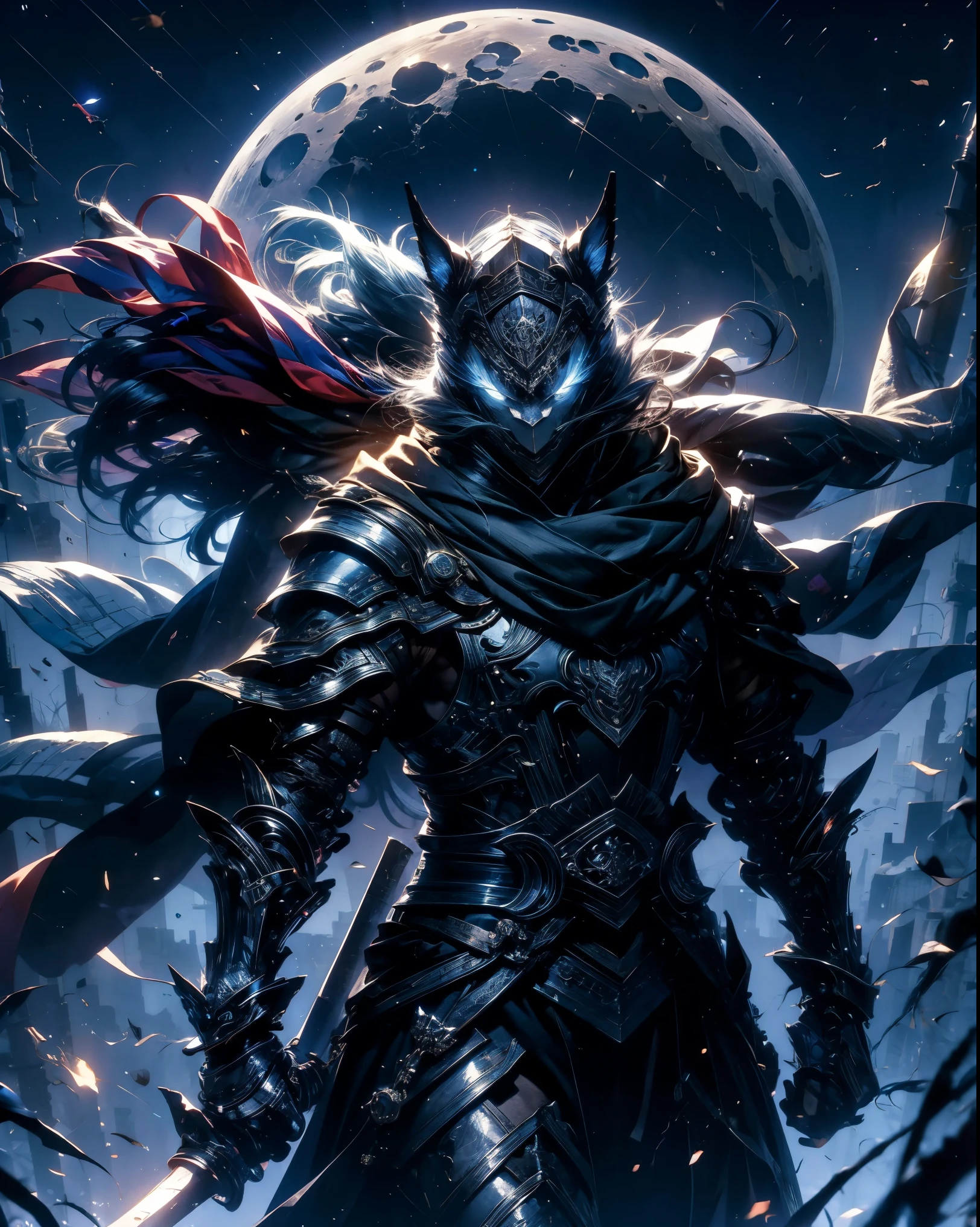 Blue samurai, ghost, walking with a wolfin a haunted village, night sky, full moon, realistic, Full HD, best quality
