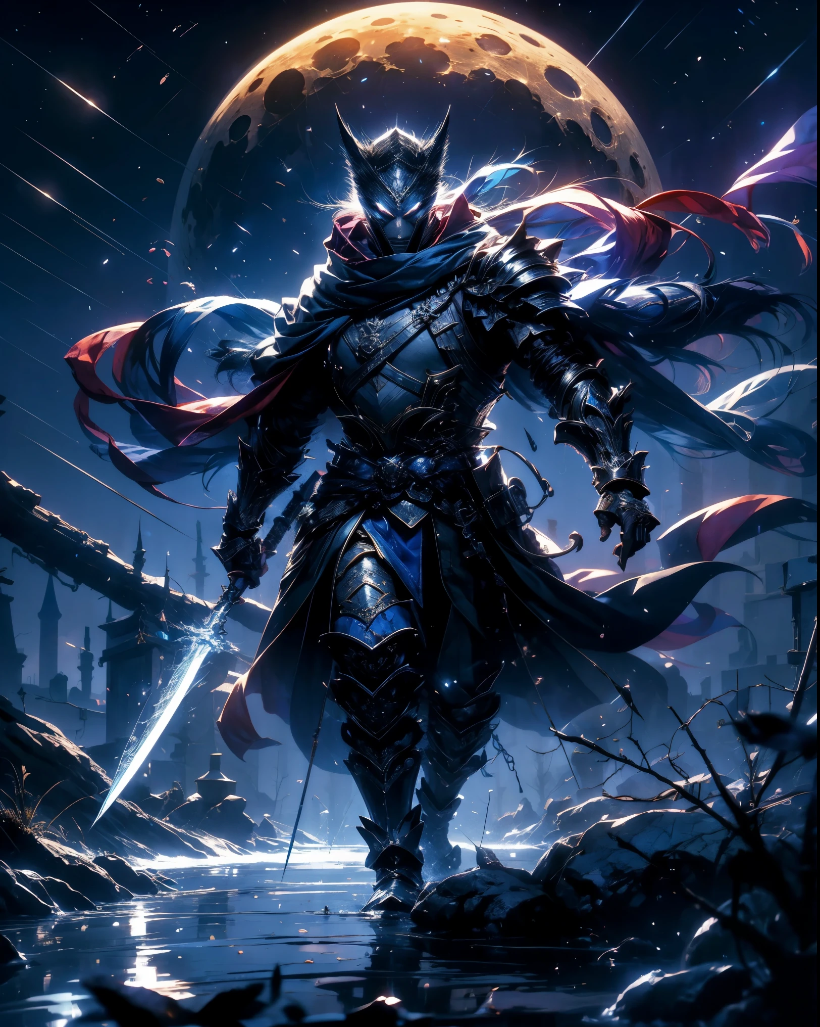 Blue samurai, ghost, walking with a wolfin a haunted village, night sky, full moon, realistic, Full HD, best quality