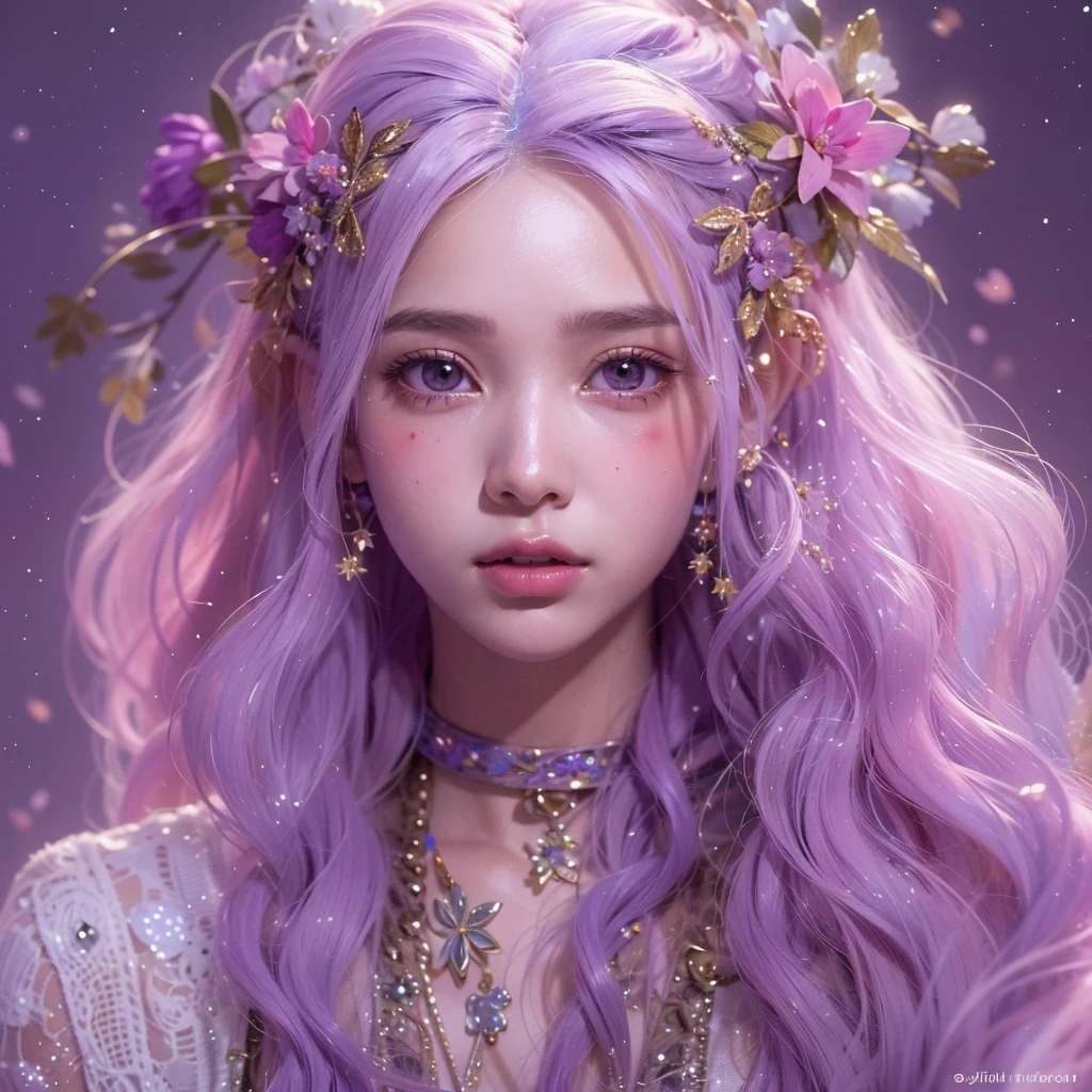(((Single eyelid)))Snow hoop exclusion area 32K(tmasterpiece,k hd,hyper HD,32K)Long flowing purple-pink hair,Autumn Pond,zydink, a color, Tongzhou people (Girl with glowing eyes), (Thin silk scarf), Side squat position, looking at the ground, long whitr hair, Floating hair, Python headdress, Chinese long-sleeved clothing, (abstract ink splash:1.2), white backgrounid,Lotus protector(realisticlying:1.4),Purple-pink hair,Snowflakes fluttering,The background is pure, A high resolution, the detail, RAW photogr, Sharp Re, Nikon D850 Film Stock Photo by Jefferies Lee 4 Kodak Portra 400 Camera F1.6 shots, Rich colors, ultra-realistic vivid textures, Dramatic lighting, Unreal Engine Art Station Trend, cinestir 800,Long flowing purple-pink hair,((masterpiece)). This artwork is sweet, dreamy and ethereal, with soft pink watercolor hues and candy accents. Generate a delicate and demure fae exploring a (bubblegum world with a wide variety of pastel shades). Her sweet face is extremely detailed and realistic with elegant features and a fierce expression, and looks like ((((naomi scott)))). Include mature features and stunning, highly realistic eyes. Her eyes are important and should be realistic, highly detailed, and beautiful. In high definition and detail, include lots of details like stars, galaxies, colorful bubbles, colorful petals, and lots of energy and emotion! The stars and colorful bubblegum bubbles are important! Include fantasy details, enhanced details, iridescence, colorful glittering wind, and pollen. Pay special attention to her face and make sure it is beautifully and realistically detailed. The image should be dreamy and ethereal.8k, intricate, elegant, highly detailed, majestic, digital photography