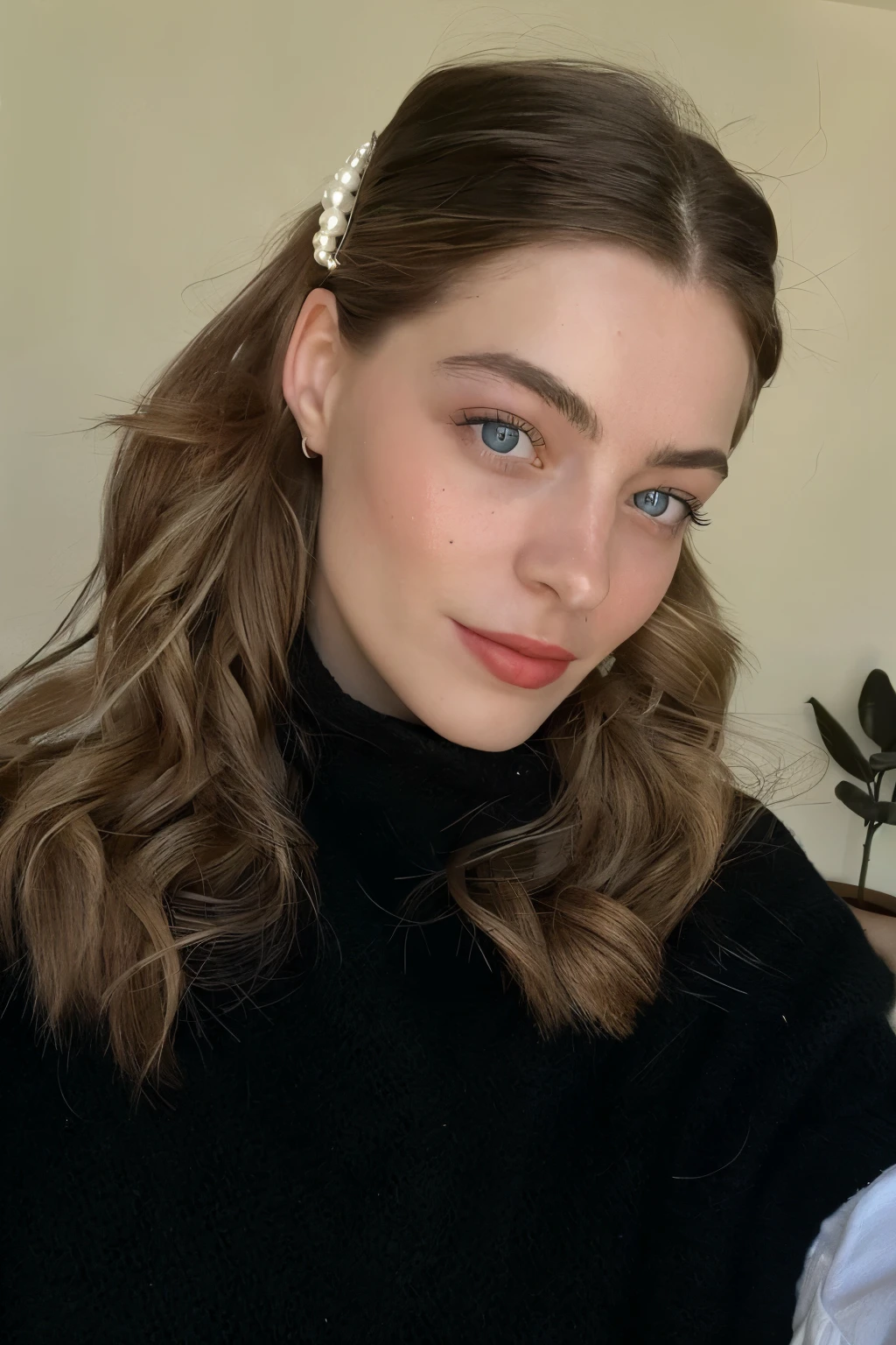 there is a woman with a flower in her hair posing for a picture, inspired by Louisa Matthíasdóttir, headshot profile picture, wavy shoulder-length hair, no makeup wavy hair, lorde, amanda clarke, selfie of a young woman, eva elfie, half updo hairstyle, portrait of barbara palvin, middle length hair, jodie bateman