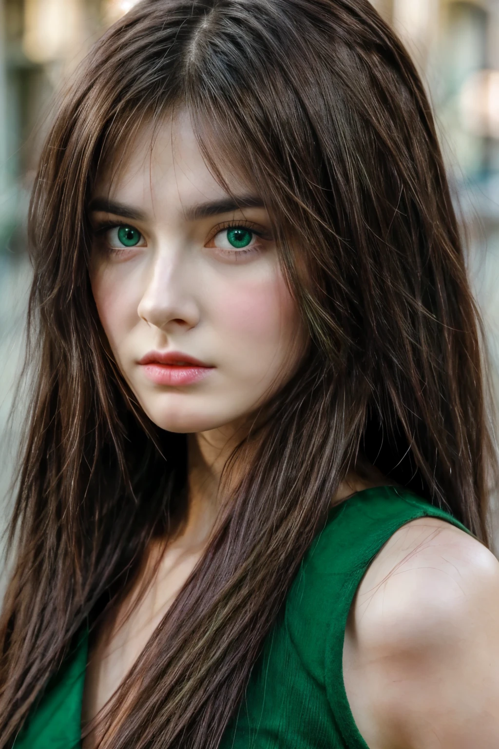 Beautiful brunette, angry, green eyes, long hair, front face
