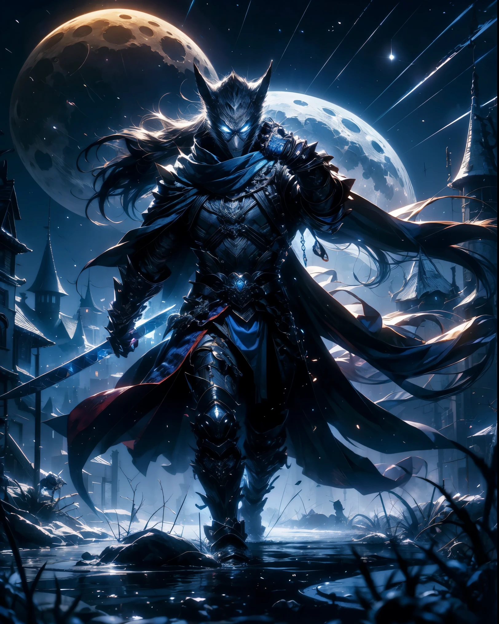 Blue samurai, ghost, walking with a wolfin a haunted village, night sky, full moon, realistic, Full HD, best quality
