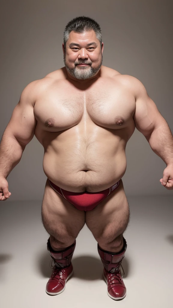 white hair, old man, individual, male, Muscular wrestler, muscular, Stout wrestler, Asian, Japanese, uncle, 55 year old middle-aged man, short hair, short hair, red wrestling boots, full body portrait, shadow, Vision, red briefs, obesity, 45 years old, short beard, middle-aged man, tattoo, fingerless gloves, Wheat skin, shiny skin, dark skin, Show your pectoral muscles, sumo wrestler, bodybuilder, wide temples, Visible abdominal muscles, Smile, Fine hands, solid color background, pure white background, Surrealism, Panorama, 8k, super detail,