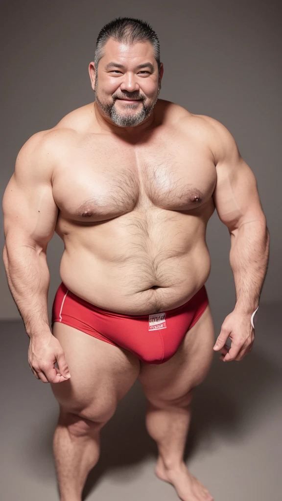 white hair, old man, individual, male, Muscular wrestler, muscular, Stout wrestler, Asian, Japanese, uncle, 55 year old middle-aged man, short hair, short hair, red wrestling boots, full body portrait, shadow, Vision, red briefs, obesity, 45 years old, short beard, middle-aged man, tattoo, fingerless gloves, Wheat skin, shiny skin, dark skin, Show your pectoral muscles, sumo wrestler, bodybuilder, wide temples, Visible abdominal muscles, Smile, Fine hands, solid color background, pure white background, Surrealism, Panorama, 8k, super detail，