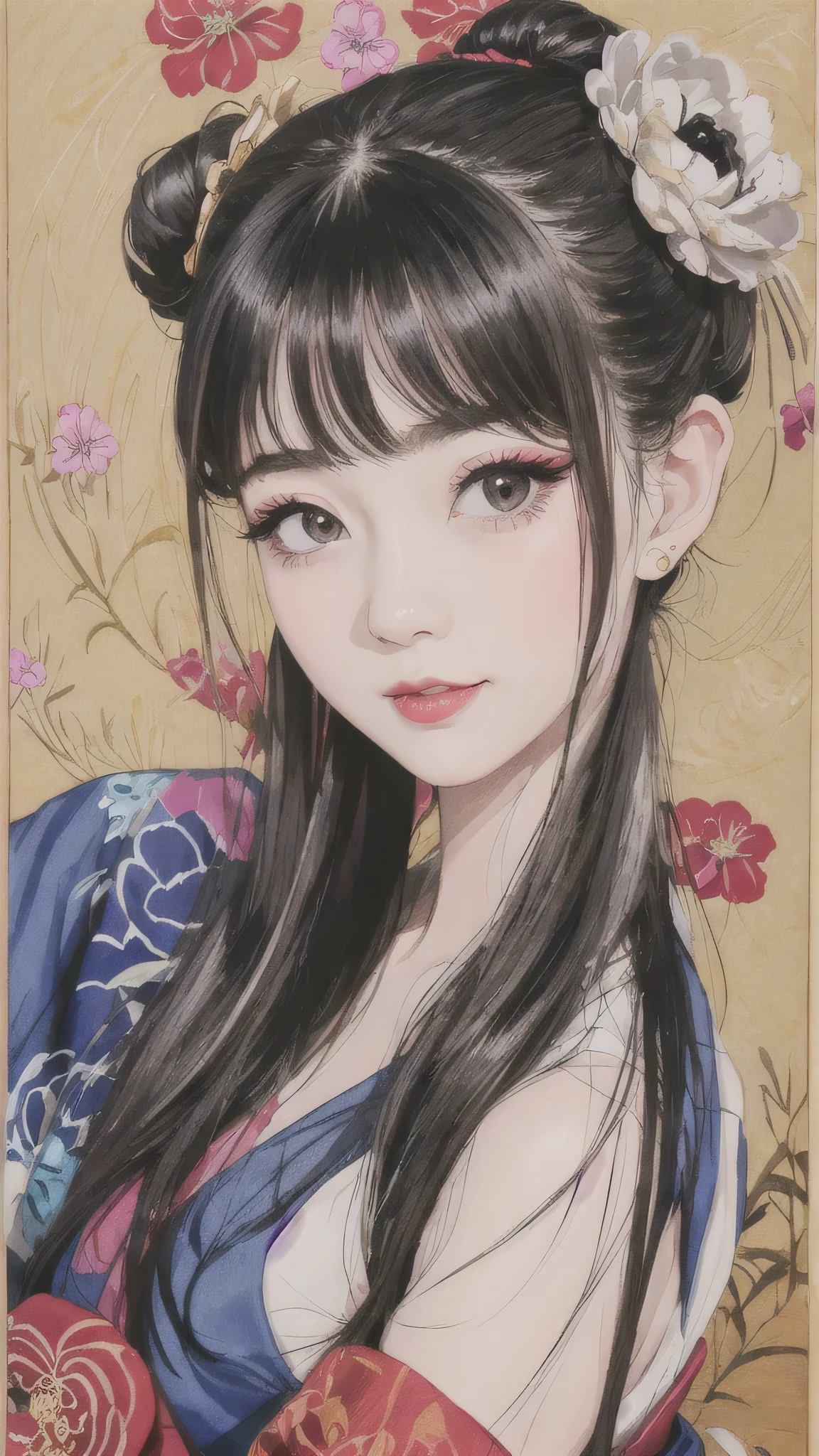 Each has a different expression２People and sisters、(２ girls）、｟Dancing traditional arts with grace)、((Big Breasts、Small Face、Not exposed))、highest quality、masterpiece、（Black Hair、Bun Hair）、Brown Eyes、｟Wide angle、Angle from above the waist、Pause on the magazine cover、Their gazes are different, gazing into the distance｠、(８K high quality、masterpiece、High resolution、Realistic and beautiful light and shadow、(highest quality)、(High Resolution)、(Very delicate and beautiful)、(Beautiful 8k face)、(With a smile、Beautiful eyes)、(Clear skin)、(Soft hair)、(８Head to Body)、(A Japanese style yukata kimono with red, pink and orange floral patterns on a white background, interspersed with gold powder、Wearing a yukata２Beautiful Japanese girls)、((Tanabata decoration background))、((Small Face))、(arms up)、Thin and small nose、（Red lipstick）、（Make your cheeks red）、（Glossy skin）、((Ink painting style))、Very thin eyebrows、Overall ultra-high image quality、（She is wearing maiko-style makeup.）、Whitening、Long and beautiful eyelashes、Glowing Skin、（Red cheeks）,Straight nose、masterpiece、highest quality、whole body、 Eyebrows visible through hair、Bun Hair、Grin、Gal、Kogal、Viewer&#39;s Eyes、Plaid、Stylish、woman、fine、Pause、
Waiting to start 
