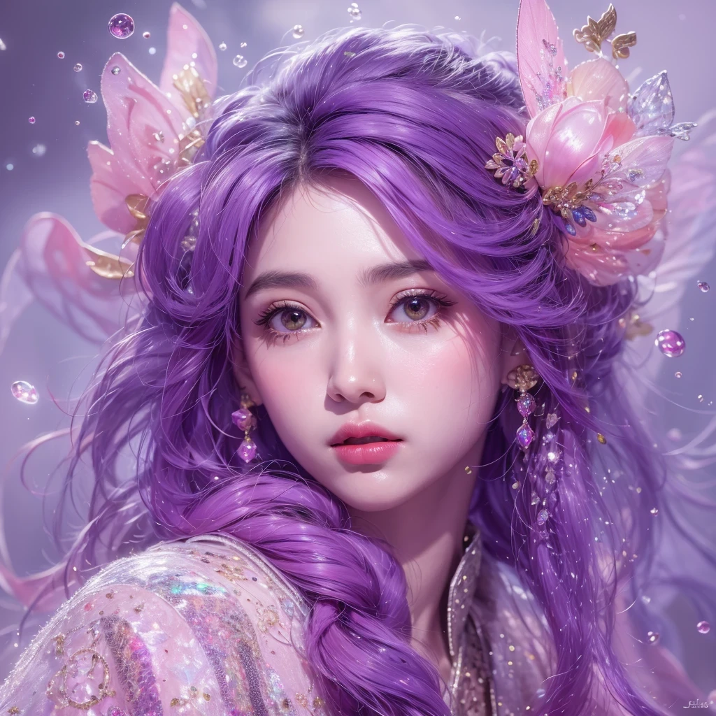 （（（Single eyelid）））Snow hoop exclusion area 32K（tmasterpiece，k hd，hyper HD，32K）Long flowing purple-pink hair，Autumn Pond，zydink， a color， Tongzhou people （Girl with glowing eyes）， （Thin silk scarf）， Side squat position， looking at the ground， long whitr hair， Floating hair， Python headdress， Chinese long-sleeved clothing， （abstract ink splash：1.2）， white backgrounid，Lotus protector（realisticlying：1.4），Purple-pink hair，Snowflakes fluttering，The background is pure， A high resolution， the detail， RAW photogr， Sharp Re， Nikon D850 Film Stock Photo by Jefferies Lee 4 Kodak Portra 400 Camera F1.6 shots, Rich colors, ultra-realistic vivid textures, Dramatic lighting, Unreal Engine Art Station Trend, cinestir 800，Long flowing purple-pink hair，((masterpiece)). This artwork is sweet, dreamy and ethereal, with soft pink watercolor hues and candy accents. Generate a delicate and demure fae exploring a (bubblegum world with a wide variety of pastel shades). Her sweet face is extremely detailed and realistic with elegant features and a fierce expression, and looks like ((((naomi scott)))). Include mature features and stunning, highly realistic eyes. Her eyes are important and should be realistic, highly detailed, and beautiful. In high definition and detail, include lots of details like stars, galaxies, colorful bubbles, colorful petals, and lots of energy and emotion! The stars and colorful bubblegum bubbles are important! Include fantasy details, enhanced details, iridescence, colorful glittering wind, and pollen. Pay special attention to her face and make sure it is beautifully and realistically detailed. The image should be dreamy and ethereal.8k, intricate, elegant, highly detailed, majestic, digital photography