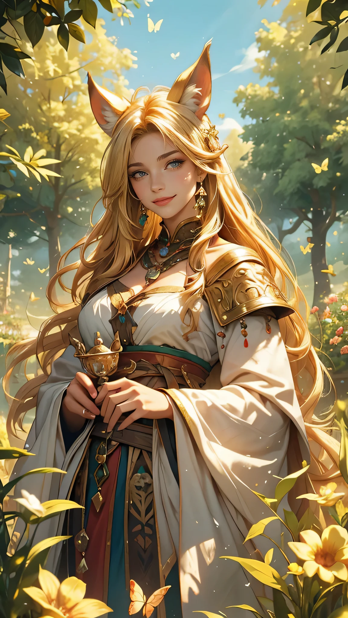 (best quality,4k,highres,masterpiece:1.2), realistic, vibrant colors, detailed, fantasy, woman with animal ears, man beastmen with animal ears, both wearing medieval garments, both smiling, wide grassland view, magical atmosphere, sunlight filtering through trees, gentle breeze, lush greenery, golden evening light, rays of sunshine, mystical creatures in the distance, butterflies fluttering around, flowers blooming, peaceful harmony between humans and fantasy beings