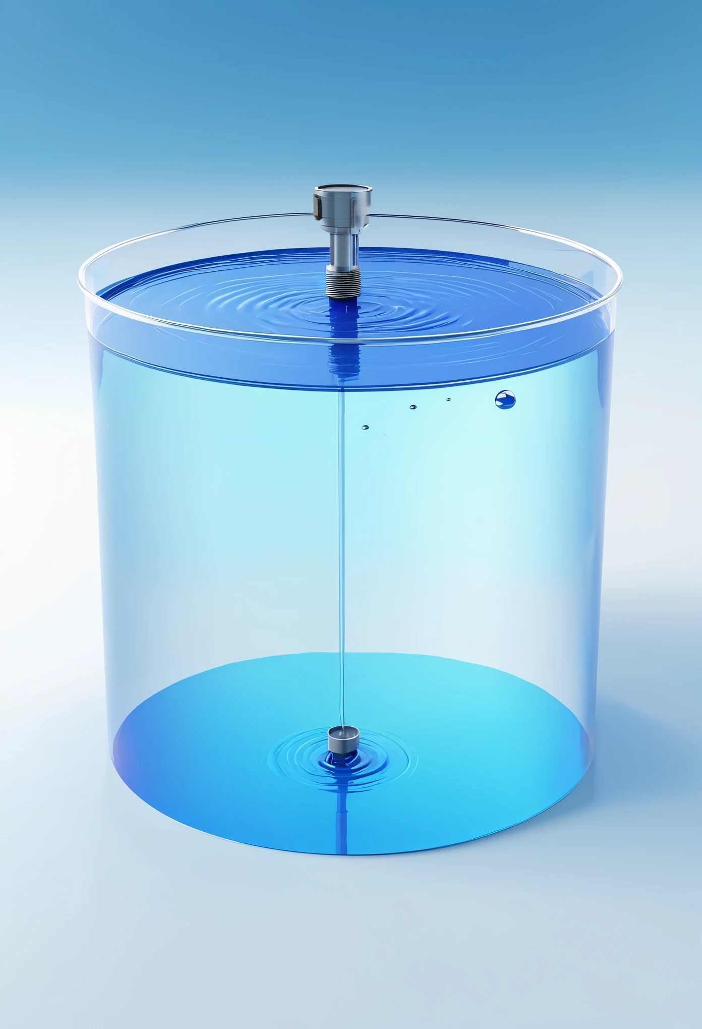Clean predominantly blue abstract 3d illustration of a semi-transparent reservoir with water. an ultrasonic sensor in the center of the reservoir measuring the height and distance from the edge to the bottom of the reservoir.
