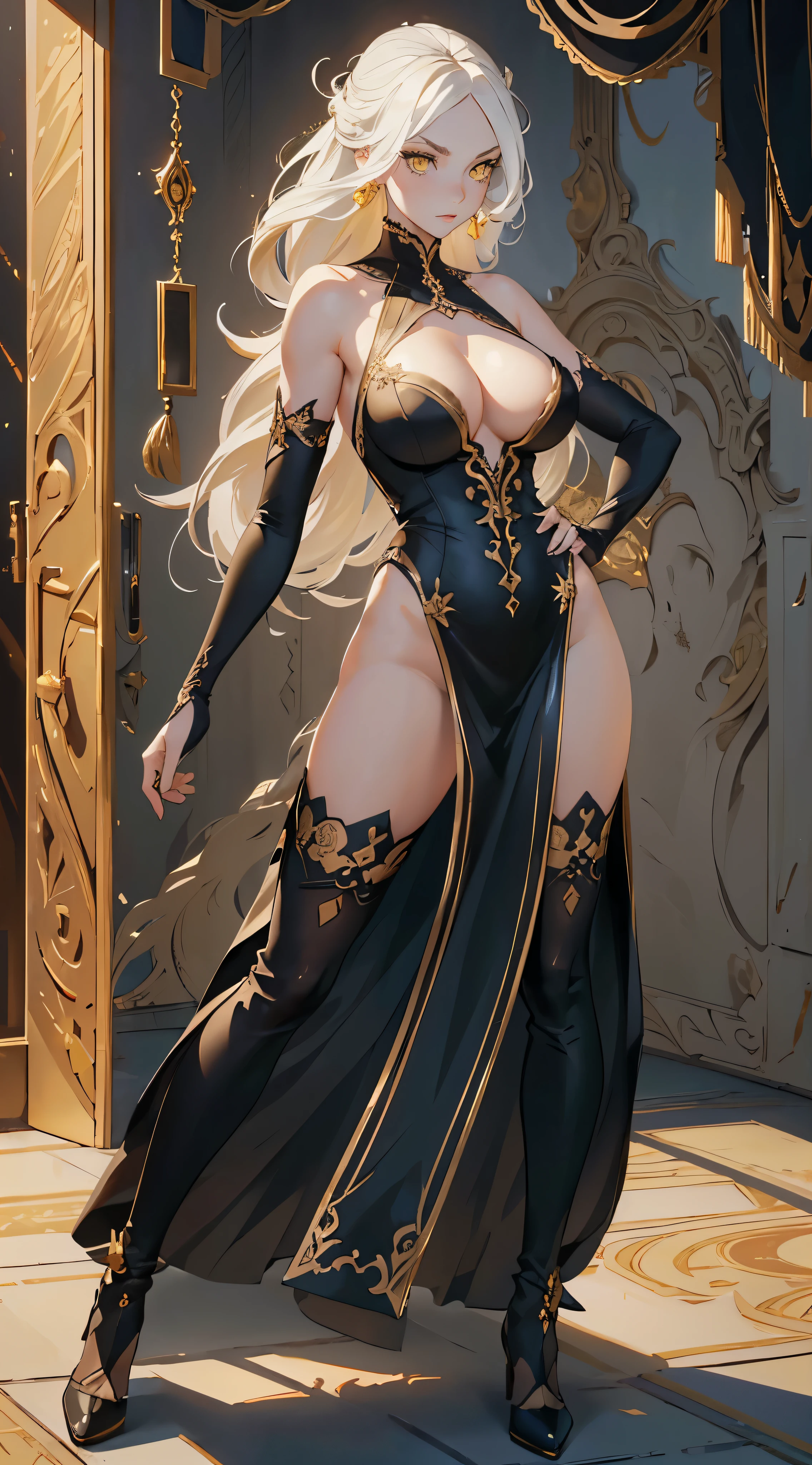 masterpiece, high quality, 1_women, (full body), (Caucasian skin_complexion:1.4), mature, statuesque, tall, beautiful, exotic, ((looking away from viewer)), facing away from viewer, large breast, nsfw, chest window, ((cleavage)), and halter dress, black ((diaphanous sparkling dress)) with gold trim, black knee_high boots, ((white embroidery elbow gloves)), long (white) hair, realistic and detailed face having (yellow eyes), ((dark_eyeliner)), long_eyelashes), natural dynamic lighting casts detailed shadows, inside palace,