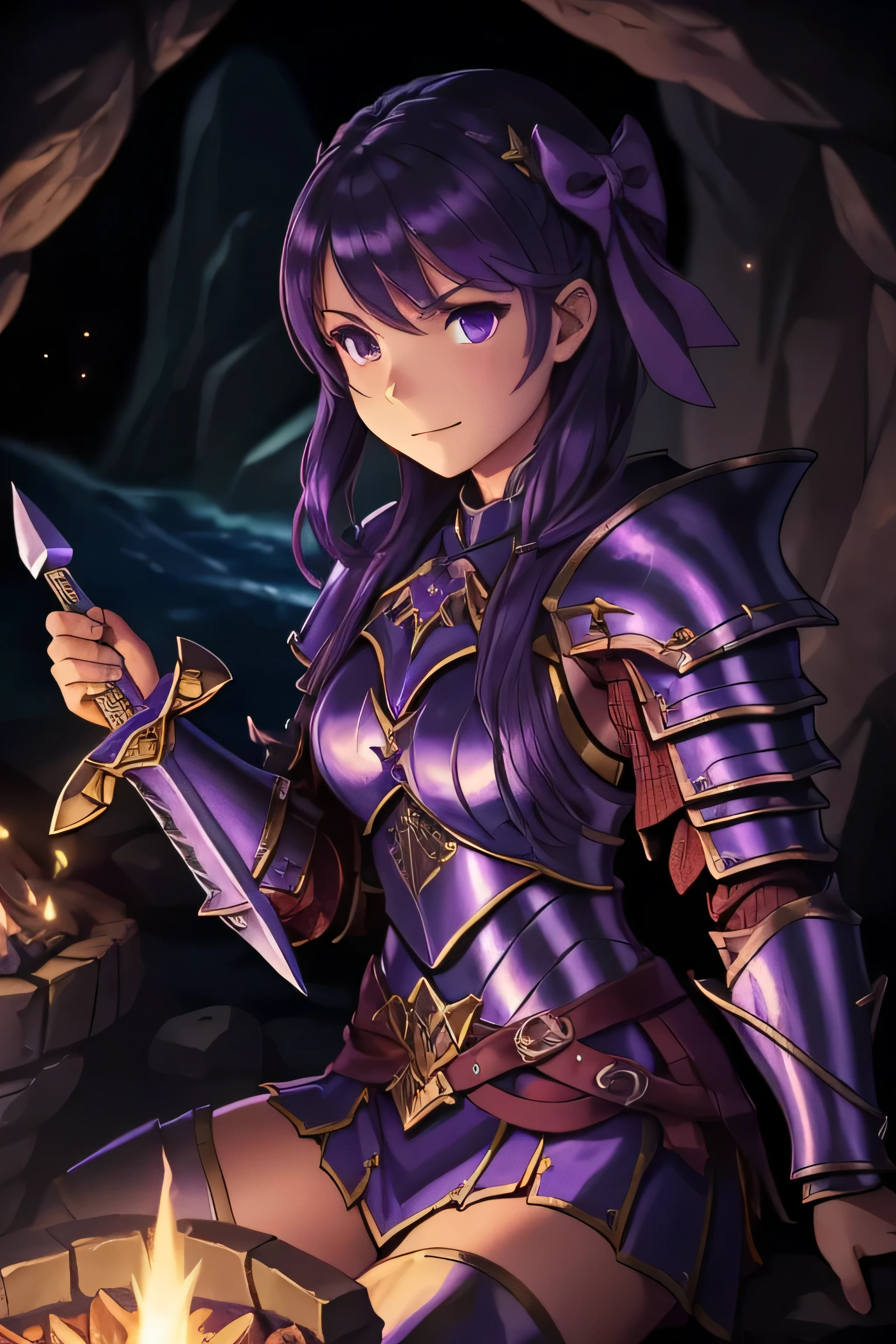 A charming girl adventurer sits by a cozy bonfire in a mysterious cave. The ambience is illuminated by the warm, flickering flames, casting long purple and shadowy reflections on the cave's rough, textured walls (purple:1.3). She wears a tattered yet efficient  River Armor, enhancing her adventurous spirit. A dagger and a powerful bow are placed next to her, ready to be used at a moment's notice (minor river armor:1.1, dagger:1.5, bow:1.6). The adventure story unfolds as the flames dance and the cavern echoes with the quiet tranquility of the night.