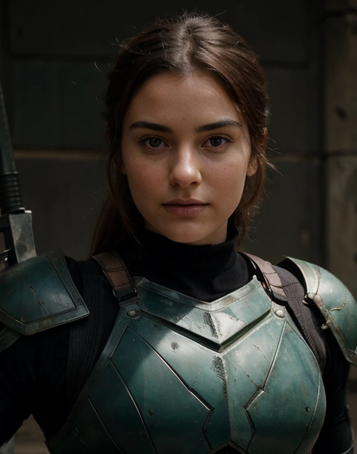 A hero, with gun, with armor, futuristic, post-cataclysm, strong, tired of battles, vibrant eyes, symmetrical face, great quality, perfect shape, detailed. (with magic sword), (black sword), green eyes, brown hair, bodybuilder.