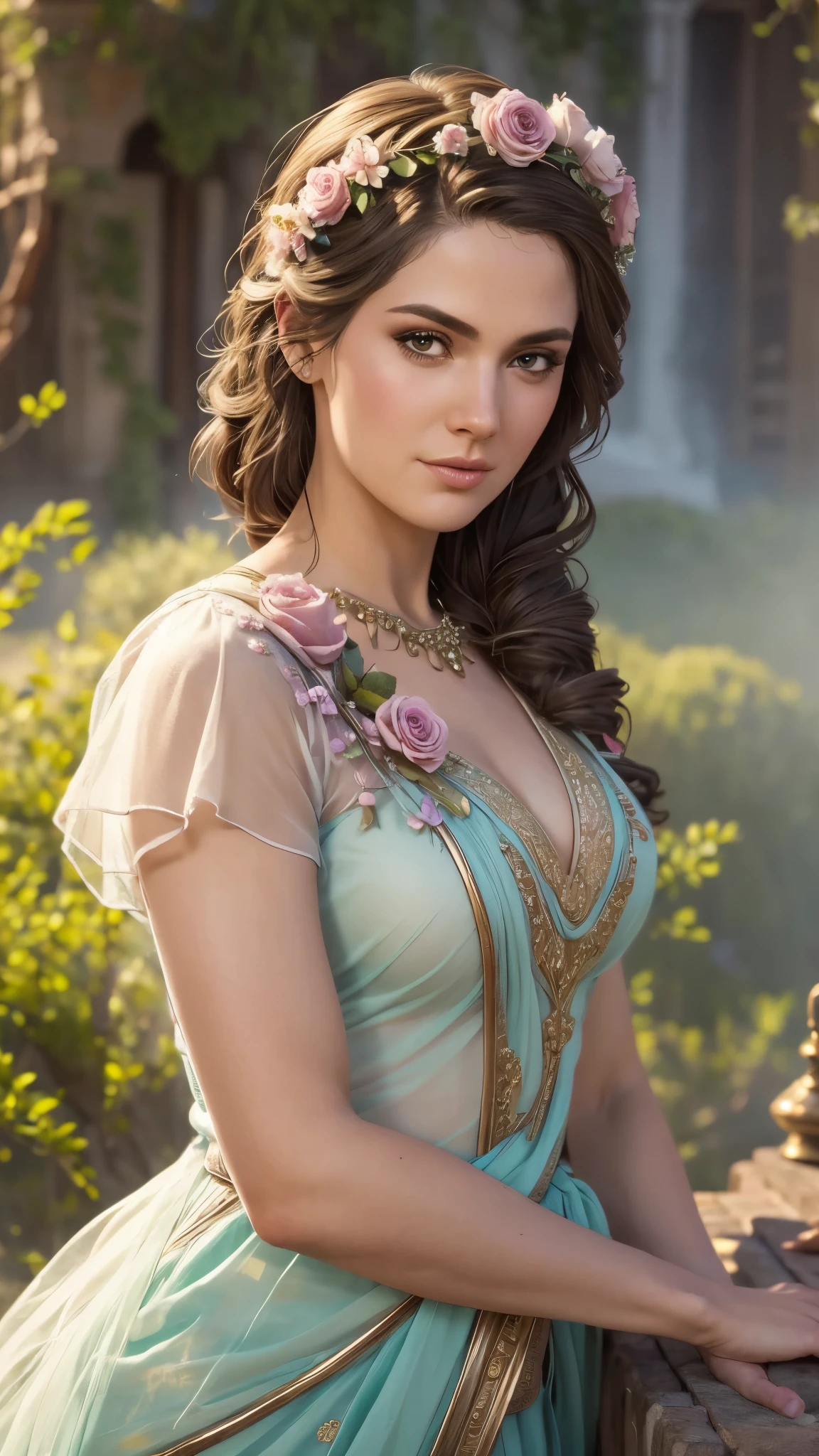 Whimsical fantasy elegant rose floral botany minimalism with a wave of flowers garden flowing flowers floating in hazy pastel pink, aqua green, pastel apricot, smoke fractal, moody and massively realistic flowers, octane rendering, Josephine wall art, Kassandra Assassin's Creed, 