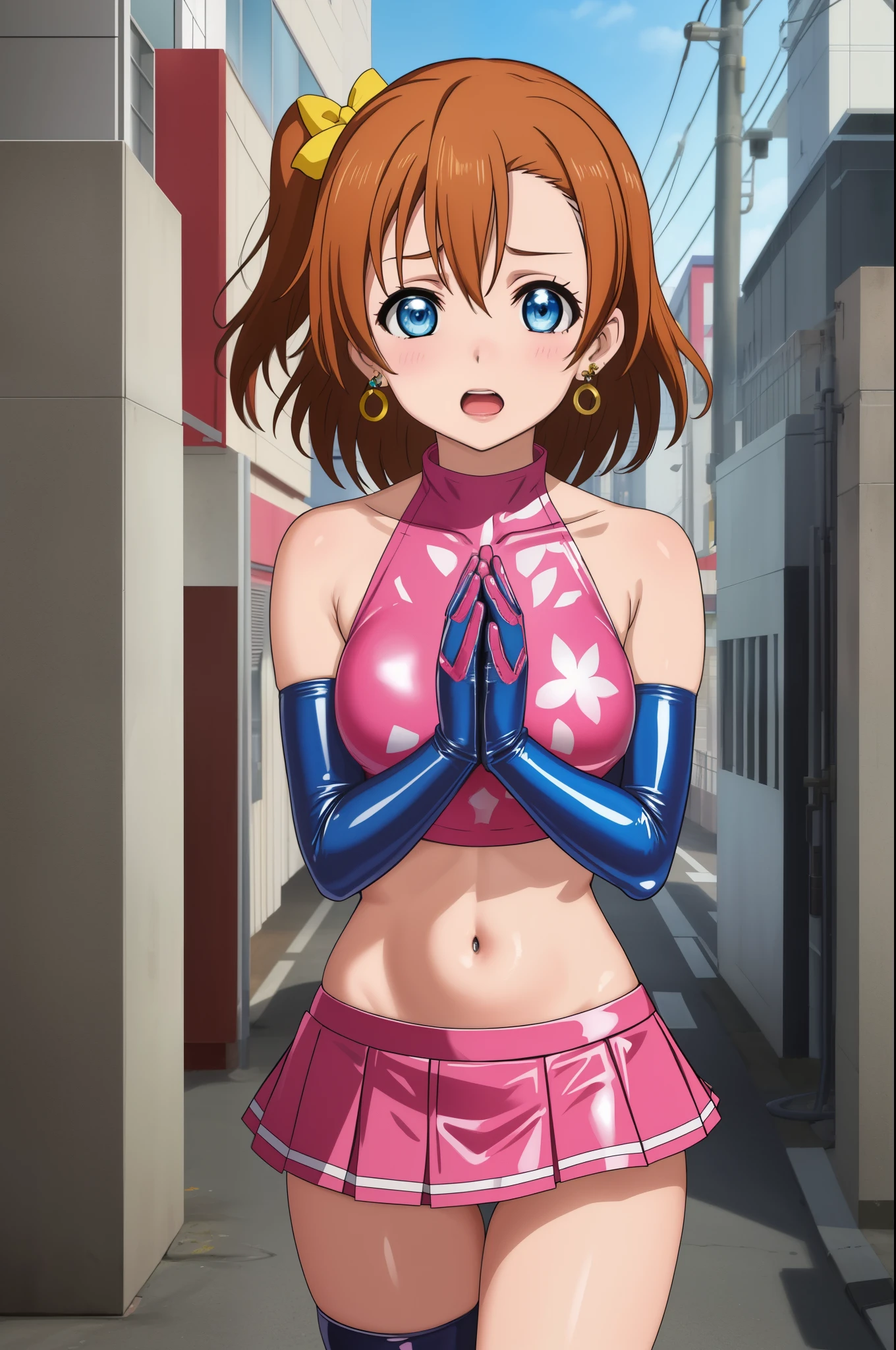 masterpiece, best quality,8k wallpaper, facing viewer,blue eyes,cowboy shot,kousaka honoka, (pink tight crop top), halter neck,breasts , elbow gloves, (pink latex skirt),mini skirt ,in street , solo, (standing:0.8), earrings, posing , crotch , own hands together,begging, masturbating