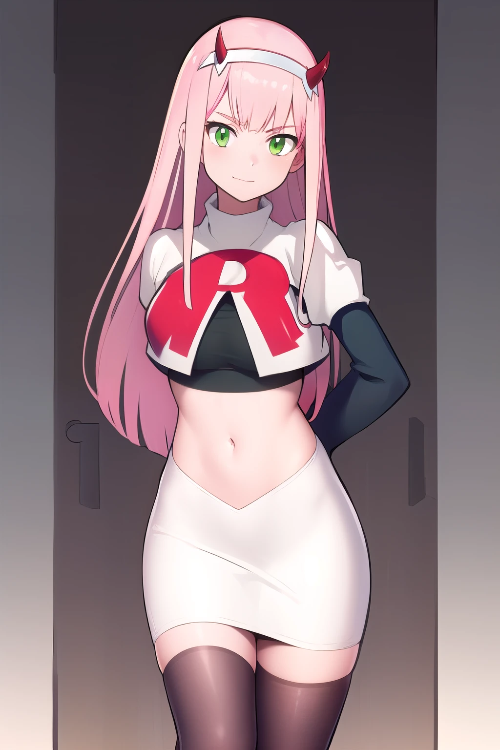zero two \(darling in the franxx\), darling in the franxx, 1girl, ascot, bangs, green eyes, hairband, horns, long hair, looking at viewer, oni horns, pink hair, red horns, solo, white hairband, ((masterpiece)), team rocket,team rocket uniform,white skirt,red letter R,crop top,black thigh-highs