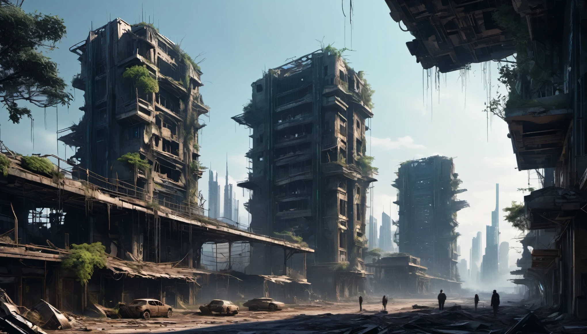 In the wake of cataclysmic events, a post-apocalyptic world stands in stark contrast to the former grandeur of civilization. This dystopian landscape is now imbued with cyberpunk elements, blending the ruins of the past with the technology of the future.Skyscrapers, once the pride of mankind, now stand as hollow shells, their windows shattered and facades pockmarked with the scars of time and disaster. But these ruins are not without their own cyberpunk charm. Neon lights flash across the broken facades, casting an eerie glow on the desolate streets.The streets are littered with debris, but amidst the ruins, cybernetic enhancements and discarded technology litter the ground. Cyborgs and hackers scavenge for parts, their mechanical limbs glinting in the dim light.Nature and technology have merged in this new world, with vines creeping through the cracks in the pavement alongside wires and cables. Trees sprout from the ruins, their branches intertwined with cybernetic structures.In the distance, the wasteland stretches on, a barren landscape of cracked earth and dead trees. But even here, the remains of old technology loom, like rusted hulks of machines that once ruled the land.Amidst this desolation, otherworldly beings roam, their forms a mystery in the dim light. Some are shadows that flit across the ruins, while others loom larger than life, their cybernetic features glinting in the neon glow.