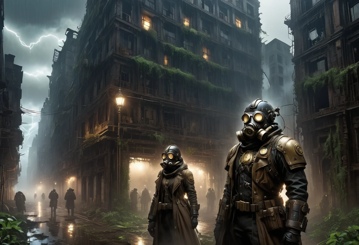 戴着未来Gas Mask的未来白袍医生穿过被毁坏的未来城市，Heavy rain(illumination,The City of Doom,abandoned,dystopia,Futurism,Dark atmosphere,Overgrown vegetation,deserted street,Crumbling building,black wall,broken windows,There are pieces everywhere,create desolation、chaotic atmosphere. ),[Steampunk survivor,Gas Mask,Trench coat,Brass decoration,cogs and gears,]，The sky is dark,heavily clouded,Dazzling lightning,despair,Unforgettable Silence,lost hope,Epidemic of disease.Sepia color palette,Strong contrast,Mood lighting.(best quality,high resolution,masterpiece:1.2)，background fog， high resolution， detail， RAW photos， Sharp Reinsurance， Nikon D850 Film Photo by Jefferies Lee 4 Kodak Portra 400 Camera F1.6 Guns, Rich colors, Ultra-realistic and vivid textures, Dramatic Lighting, Unreal Engine Art Station Trends, Sinester 800，