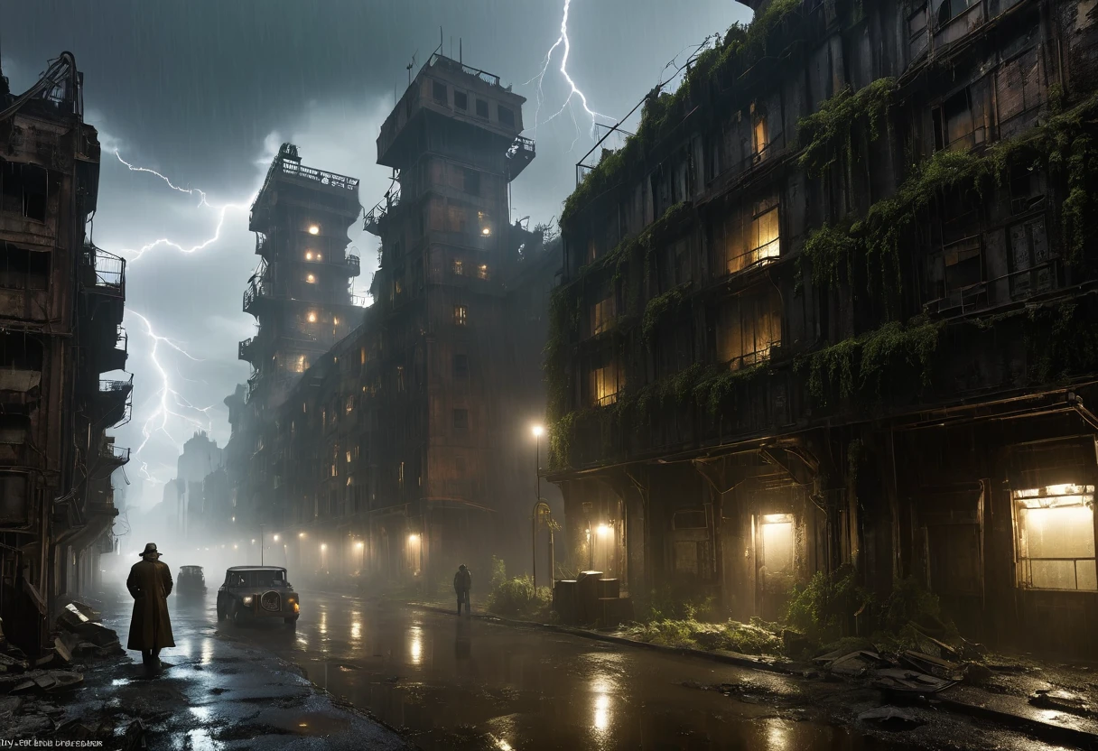 戴着未来Gas Mask的未来白袍医生穿过被毁坏的未来城市，Heavy rain(illumination,The City of Doom,abandoned,dystopia,Futurism,Dark atmosphere,Overgrown vegetation,deserted street,Crumbling building,black wall,broken windows,There are pieces everywhere,create desolation、chaotic atmosphere. ),[Steampunk survivor,Gas Mask,Trench coat,Brass decoration,cogs and gears,]，The sky is dark,heavily clouded,Dazzling lightning,despair,Unforgettable Silence,lost hope,Epidemic of disease.Sepia color palette,Strong contrast,Mood lighting.(best quality,high resolution,masterpiece:1.2)，background fog， high resolution， detail， RAW photos， Sharp Reinsurance， Nikon D850 Film Photo by Jefferies Lee 4 Kodak Portra 400 Camera F1.6 Guns, Rich colors, Ultra-realistic and vivid textures, Dramatic Lighting, Unreal Engine Art Station Trends, Sinester 800，
