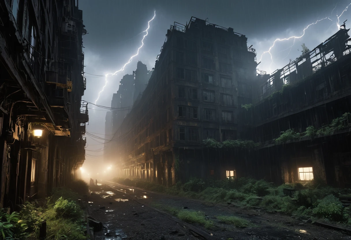 戴着未来Gas Mask的未来白袍医生穿过被毁坏的未来城市，Heavy rain(illumination,The City of Doom,abandoned,dystopia,Futurism,Dark atmosphere,Overgrown vegetation,deserted street,Crumbling building,black wall,broken windows,There are pieces everywhere,create desolation、chaotic atmosphere. ),[Steampunk survivor,Gas Mask,Trench coat,Brass decoration,cogs and gears,]，The sky is dark,heavily clouded,Dazzling lightning,despair,Unforgettable Silence,lost hope,Epidemic of disease.Sepia color palette,Strong contrast,Mood lighting.(best quality,high resolution,masterpiece:1.2)，background fog， high resolution， detail， RAW photos， Sharp Reinsurance， Nikon D850 Film Photo by Jefferies Lee 4 Kodak Portra 400 Camera F1.6 Guns, Rich colors, Ultra-realistic and vivid textures, Dramatic Lighting, Unreal Engine Art Station Trends, Sinester 800，