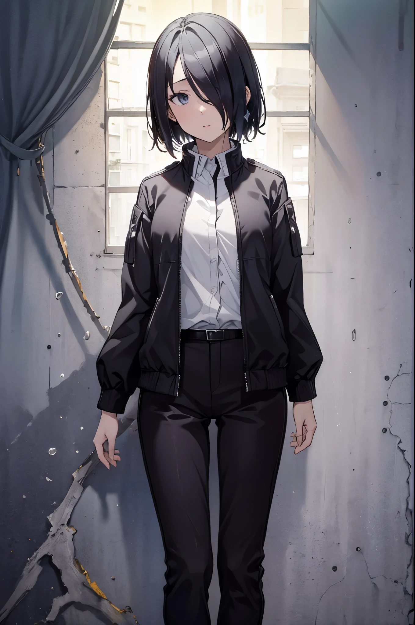(masterpiece, best quality:1.2), expressive eyes, perfect face, highres, 1girl, solo, (female:1.5), ishigami_yuu, black jacket, open jacket, white shirt, black pants, standing, upper body, looking at the viewer