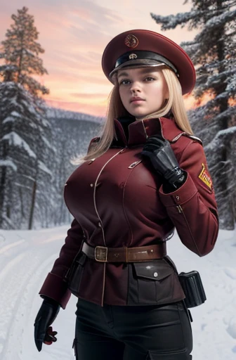 Beautiful young Soviet soldier woman, military hairstyle blonde hair, military hat, gloved hands, dark red uniform with black details, wears a pistol, belt with ammunition and transmitter, military boots, standing in a Polish forest, snowy day, red sky, 4k, Ultra detailed image, realistic, Highly detailed, perfect composition, splendid, Intricately detailed, incredibly detailed, Art photography 8K, hyper detailed, Masterpiece, Ultra detailed, hyper realistic, 4k, Ultra detailed image, realistic, Highly detailed , perfect composition, splendid, Intricately detailed, incredibly detailed, 8k fine art photography, hyper detailed, Masterpiece, super tits,   bewitching look, Turn your butt towards me, Exposed vagina, big ass, exposed nipple,