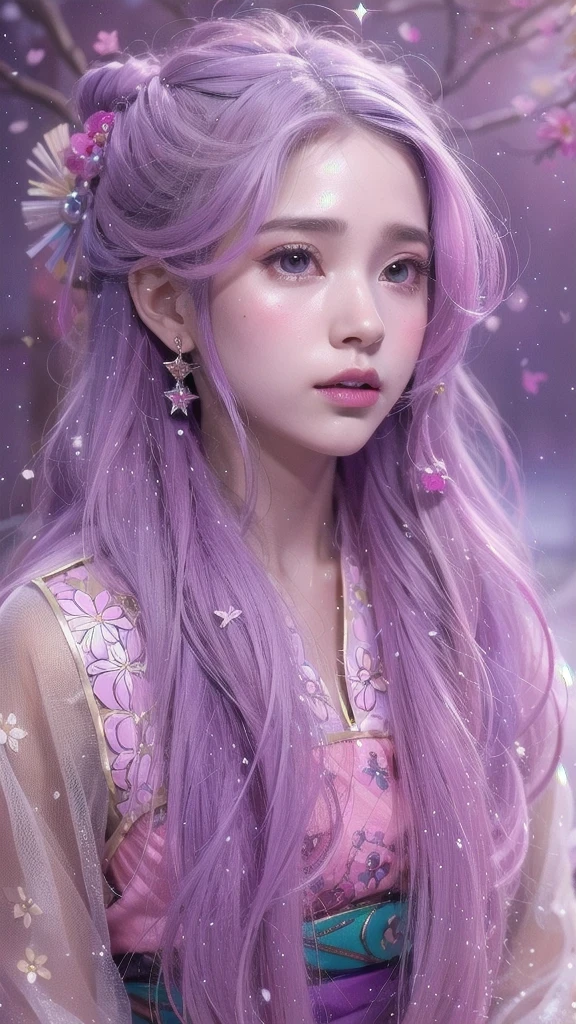 （（（Single eyelid）））Snow hoop exclusion area 32K（tmasterpiece，k hd，hyper HD，32K）Long flowing purple-pink hair，Autumn Pond，zydink， a color， Tongzhou people （Girl with glowing eyes）， （Thin silk scarf）， Side squat position， looking at the ground， long whitr hair， Floating hair， Python headdress， Chinese long-sleeved clothing， （abstract ink splash：1.2）， white backgrounid，Lotus protector（realisticlying：1.4），Purple-pink hair，Snowflakes fluttering，The background is pure， A high resolution， the detail， RAW photogr， Sharp Re， Nikon D850 Film Stock Photo by Jefferies Lee 4 Kodak Portra 400 Camera F1.6 shots, Rich colors, ultra-realistic vivid textures, Dramatic lighting, Unreal Engine Art Station Trend, cinestir 800，Long flowing purple-pink hair，((masterpiece)). This artwork is sweet, dreamy and ethereal, with soft pink watercolor hues and candy accents. Generate a delicate and demure fae exploring a (bubblegum world with a wide variety of pastel shades). Her sweet face is extremely detailed and realistic with elegant features and a fierce expression, and looks like ((((naomi scott)))). Include mature features and stunning, highly realistic eyes. Her eyes are important and should be realistic, highly detailed, and beautiful. In high definition and detail, include lots of details like stars, galaxies, colorful bubbles, colorful petals, and lots of energy and emotion! The stars and colorful bubblegum bubbles are important! Include fantasy details, enhanced details, iridescence, colorful glittering wind, and pollen. Pay special attention to her face and make sure it is beautifully and realistically detailed. The image should be dreamy and ethereal.8k, intricate, elegant, highly detailed, majestic, digital photography