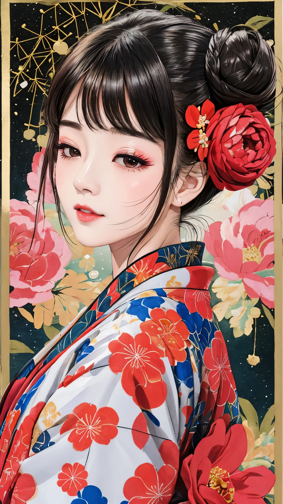 Each has a different expression2People and sisters、(2 girls)、⦅Dancing traditional arts with grace)、((Big Breasts、Small Face、Not exposed))、highest quality、masterpiece、(Black Hair、Bun Hair)、Brown Eyes、⦅Wide angle、Angle from above the waist、雑誌の表紙のPause、Their gazes are different, gazing into the distance⦆、(8K high quality、masterpiece、High resolution、Realistic and beautiful light and shadow、(highest quality)、(High Resolution)、(Very delicate and beautiful)、(Beautiful 8k face)、(Smiling and closing your eyes、Beautiful eyes)、(Clear skin)、(Soft hair)、(8Head to Body)、(A Japanese style yukata kimono with red, pink and orange floral patterns on a white background, interspersed with gold powder、Wearing a yukata2Beautiful Japanese girls)、((Tanabata decoration background))、((Small Face))、(arms up)、Thin and small nose、(Red lipstick)、(Make your cheeks red)、(Glossy skin)、((Ink painting style))、Very thin eyebrows、Overall ultra-high image quality、(She is wearing maiko-style makeup.)、Whitening、Long and beautiful eyelashes、Glowing Skin、(Red cheeks),Straight nose、masterpiece、highest quality、whole body、 Eyebrows visible through hair、Bun Hair、Grin、Gal、コGal、Viewer's Eyes、Plaid、Stylish、woman、fine、Pause、
Waiting to start