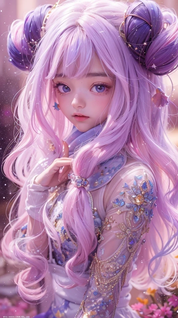 （（（Single eyelid）））Snow hoop exclusion area 32K（tmasterpiece，k hd，hyper HD，32K）Long flowing purple-pink hair，Autumn Pond，zydink， a color， Tongzhou people （Girl with glowing eyes）， （Thin silk scarf）， Side squat position， looking at the ground， long whitr hair， Floating hair， Python headdress， Chinese long-sleeved clothing， （abstract ink splash：1.2）， white backgrounid，Lotus protector（realisticlying：1.4），Purple-pink hair，Snowflakes fluttering，The background is pure， A high resolution， the detail， RAW photogr， Sharp Re， Nikon D850 Film Stock Photo by Jefferies Lee 4 Kodak Portra 400 Camera F1.6 shots, Rich colors, ultra-realistic vivid textures, Dramatic lighting, Unreal Engine Art Station Trend, cinestir 800，Long flowing purple-pink hair，((masterpiece)). This artwork is sweet, dreamy and ethereal, with soft pink watercolor hues and candy accents. Generate a delicate and demure fae exploring a (bubblegum world with a wide variety of pastel shades). Her sweet face is extremely detailed and realistic with elegant features and a fierce expression, and looks like ((((naomi scott)))). Include mature features and stunning, highly realistic eyes. Her eyes are important and should be realistic, highly detailed, and beautiful. In high definition and detail, include lots of details like stars, galaxies, colorful bubbles, colorful petals, and lots of energy and emotion! The stars and colorful bubblegum bubbles are important! Include fantasy details, enhanced details, iridescence, colorful glittering wind, and pollen. Pay special attention to her face and make sure it is beautifully and realistically detailed. The image should be dreamy and ethereal.8k, intricate, elegant, highly detailed, majestic, digital photography