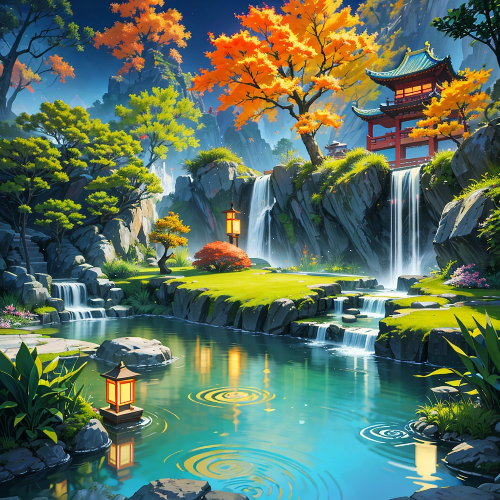 Ancient Chinese architecture, Cool colors, Night, moon, garden, bamboo, lake, Stone Bridge, rockery, arch, corner, Tree, Tap water, landscape, outdoor, Fall, Grass, rock, Pond lotus has dense teeth, (illustration: 1.0) , Epic creation, High-resolution details, masterpiece, best quality, (Very detailed CG Unity 8k wallpaper) - Chinese style