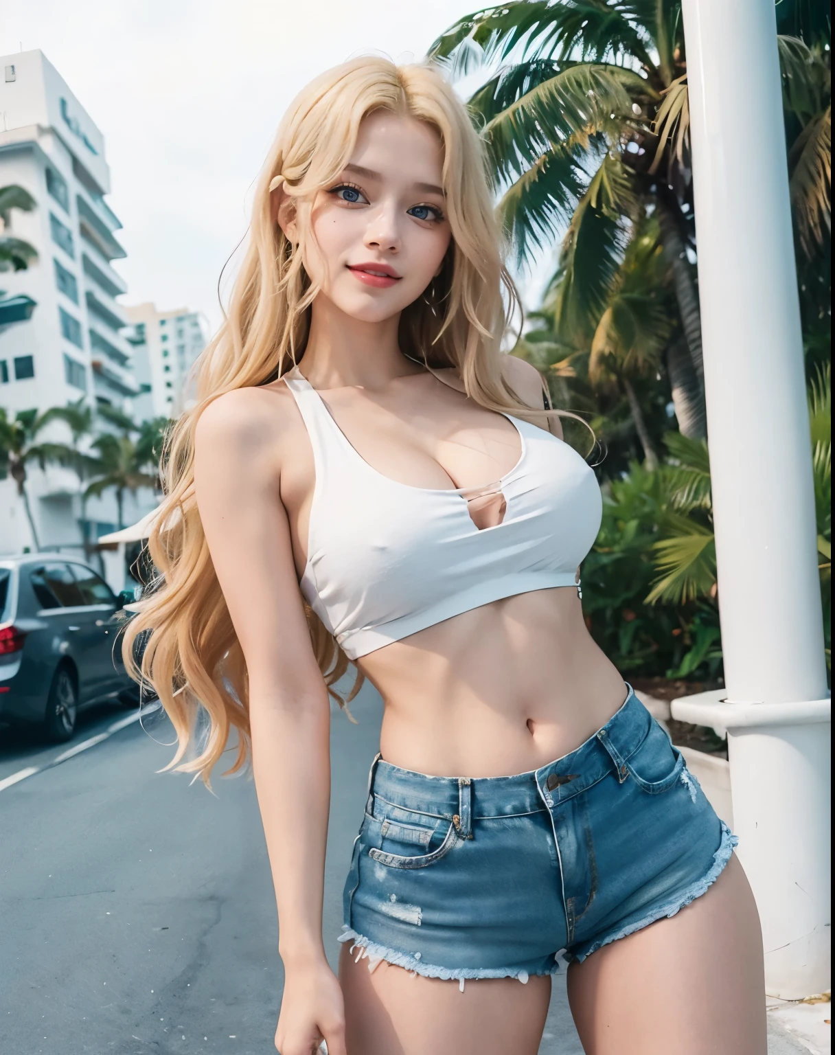1girl, (Blue Eyes), (smiling :1.2), (Sana Minatozaki), (beautiful makeup :1.2), wide hips, Big tits, big ass, (thin waist: 1.2), (thick and toned thighs), (Best Quality, 8k, Masterpiece: 1.3), Clear Focus: 1.2, Perfect Body Beauty: 1.4, strong abs, Highly detailed face and skin texture, detailed eyes, double eyelids, (blond long wavy hair :1.2), (cleavage white tanktop), (denim shorts), standing, dynamic pose, on the streets of Miami, beach in the background