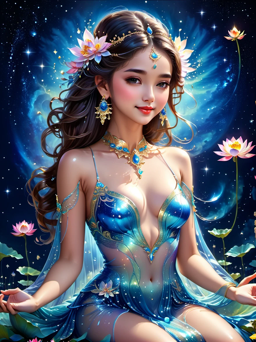 top quality,masterpiece:1.2,Detailed details,She is wearing a girl with a glittery complex transparent colored dress,dress,Beautiful young goddess,A gentle smile,She clasped her hands together,Prayer and meditation,Sitting on the lotus,Twinkling stars in the blue night sky,In a fantastic atmosphere,Feeling as if you are one with the universe,Practical,Neon,(Liquid light background),(Ultra HD, masterpiece, precise, Anatomically correct, textured skin, Super Detail, High Detail, The award-winning, best quality, 8k)