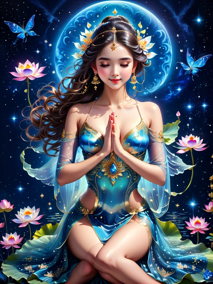 top quality,masterpiece:1.2,Detailed details,She is wearing a girl with a glittery complex transparent colored dress,dress,Beautiful young goddess,A gentle smile,She clasped her hands together,Prayer and meditation,Sitting on the lotus,Twinkling stars in the blue night sky,In a fantastic atmosphere,Feeling as if you are one with the universe,Practical,Neon,(Liquid light background),(Ultra HD, masterpiece, precise, Anatomically correct, textured skin, Super Detail, High Detail, The award-winning, best quality, 8k)