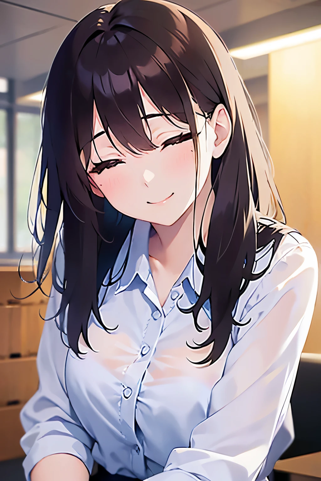 head tilt、Upper Body, Realistic, real person, (pale skin: 1.2), RAW photo, photorealistic, portrait photography, shiny skin, shiny hair、(A 25-year-old woman with medium-length hair and bangs) and (wavy hair) and (brown hair) and (closed eyes:1.8) ,(white collared shirt), (smile:1.5), The background is an office conference room、Alone、Are standing