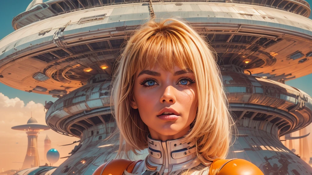 arafed image of a white woman in a futuristic suit with a spaceship in the background, movie art, in front of an orange background, inspired by Robert McGinnis, female protagonist, megastructure in the background, portrait of an ai astronaut, astronauts, an astronaut, portrait of a astronaut skeletor, perfect android girl, detailed eyes, perfectly detailed teeth, frank franzzeta and sakimichan